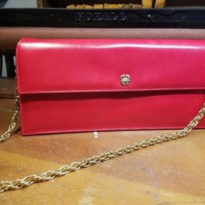 Vintage BIENEN-DAVIS Red Leather with Gold Accents Chain Handle Purse Bag Pocke